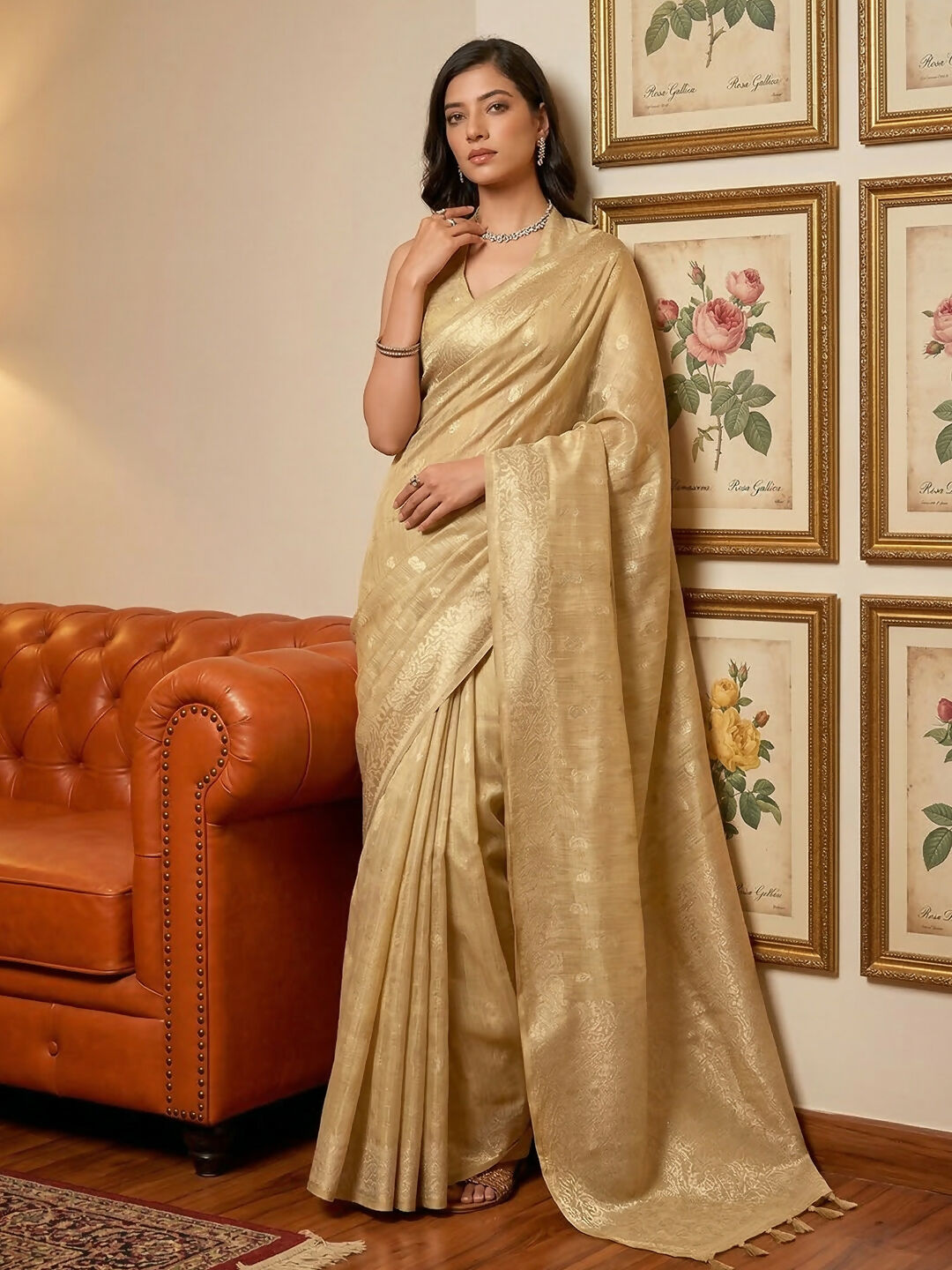 Shree Shyam Fashion Cream Tissue Silk Saree | Grocsy