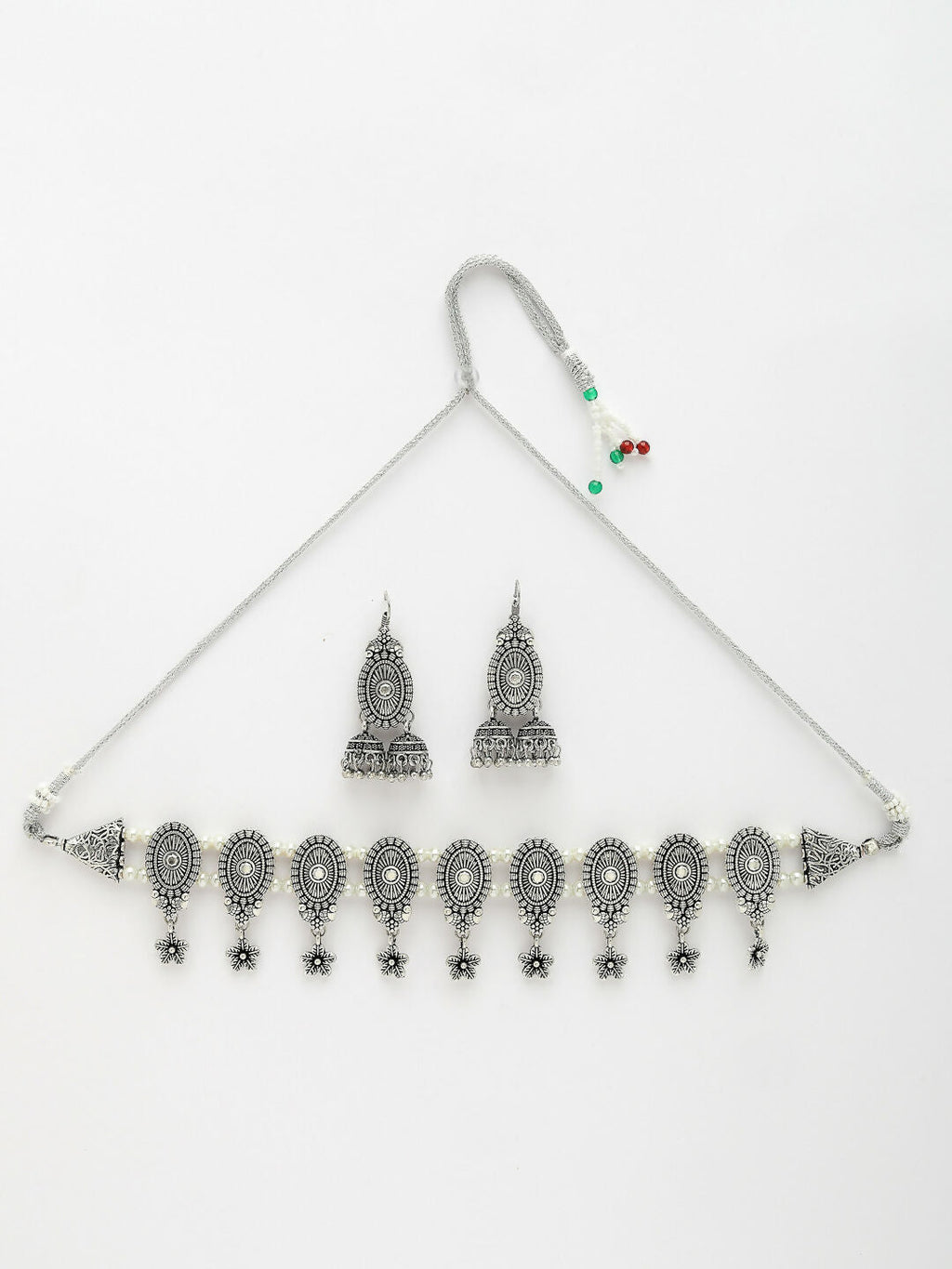 NVR Women's Silver-Plated Choke Oxidized Necklace with Jhumka Earrings | Grocsy