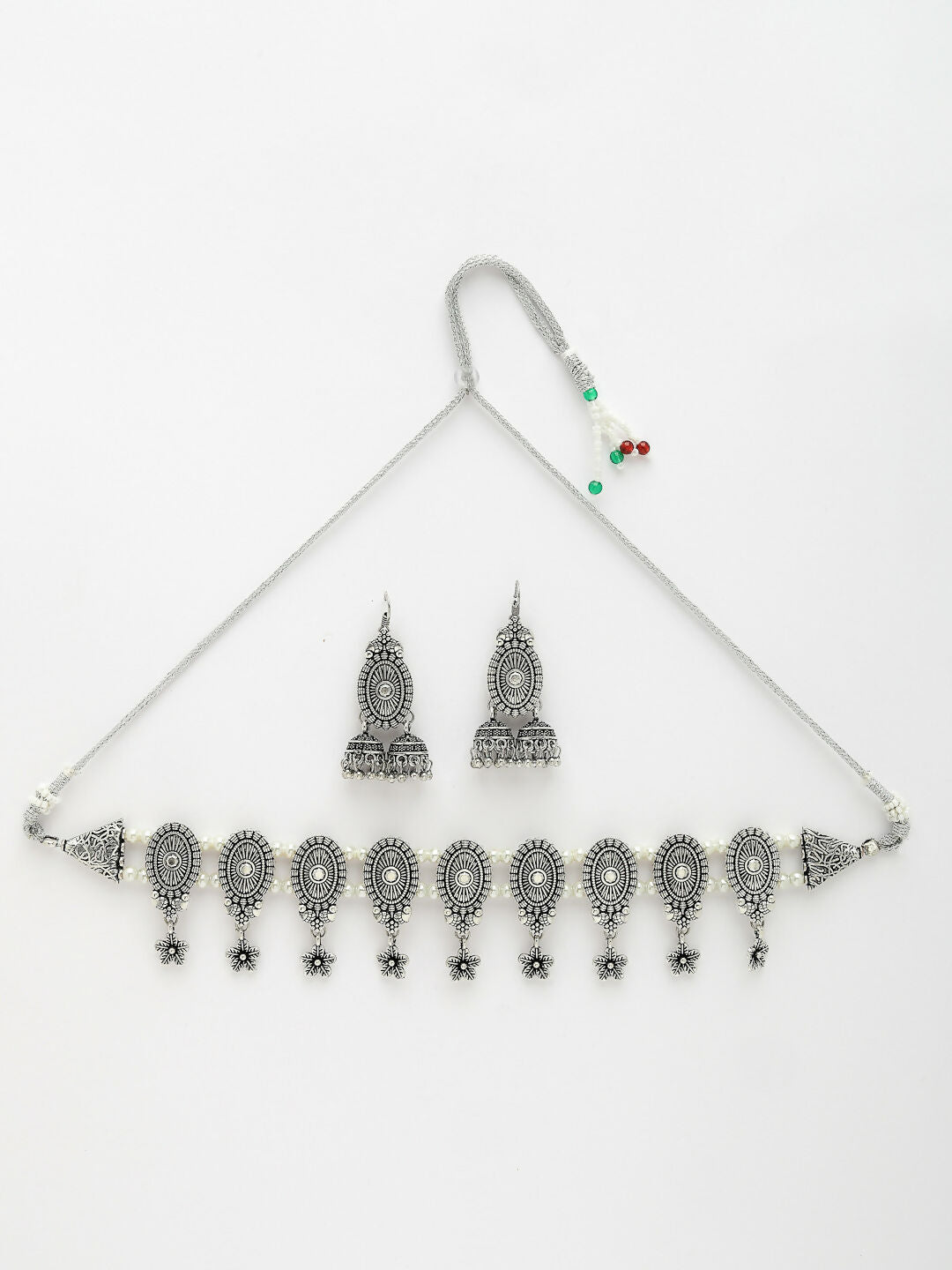 NVR Women's Silver-Plated Choke Oxidized Necklace with Jhumka Earrings | Grocsy