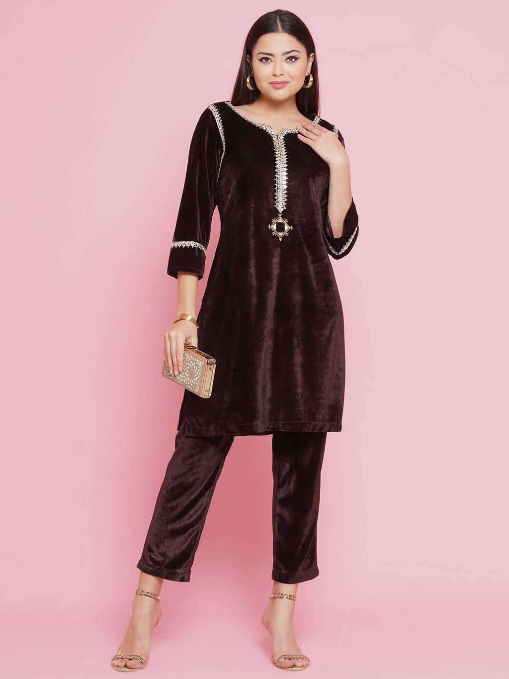 Women Republic Brown Velvet Embellished Co-Ord Set | Grocsy