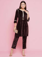 Women Republic Brown Velvet Embellished Co-Ord Set | Grocsy