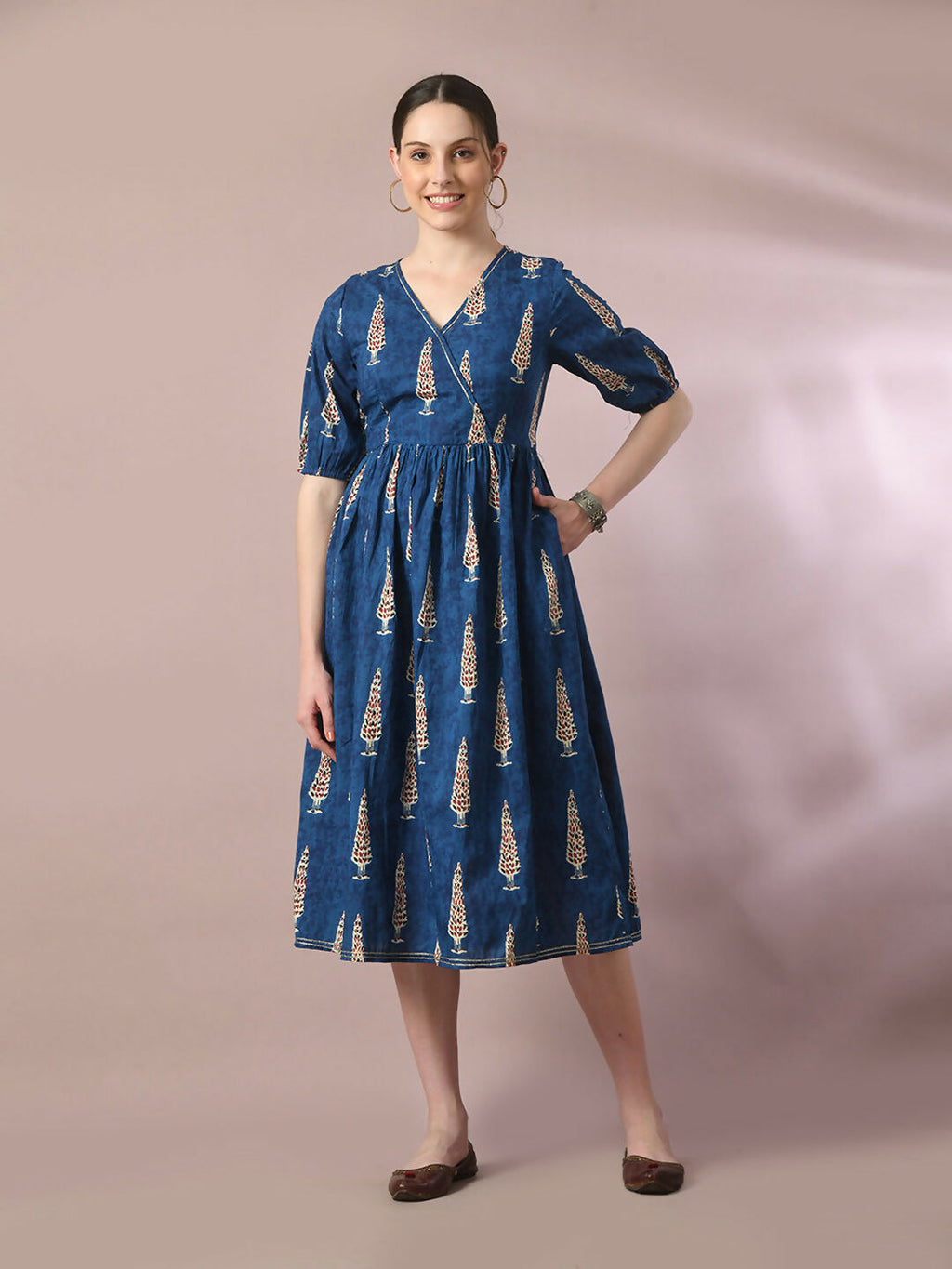 Myshka Women's Blue Printed Cotton V-Neck Empire Party Dress | Grocsy