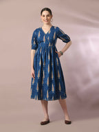 Myshka Women's Blue Printed Cotton V-Neck Empire Party Dress | Grocsy