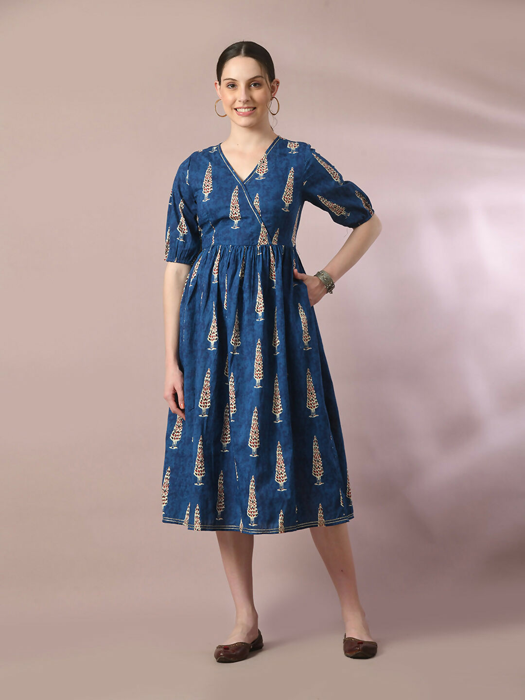 Myshka Women's Blue Printed Cotton V-Neck Empire Party Dress | Grocsy