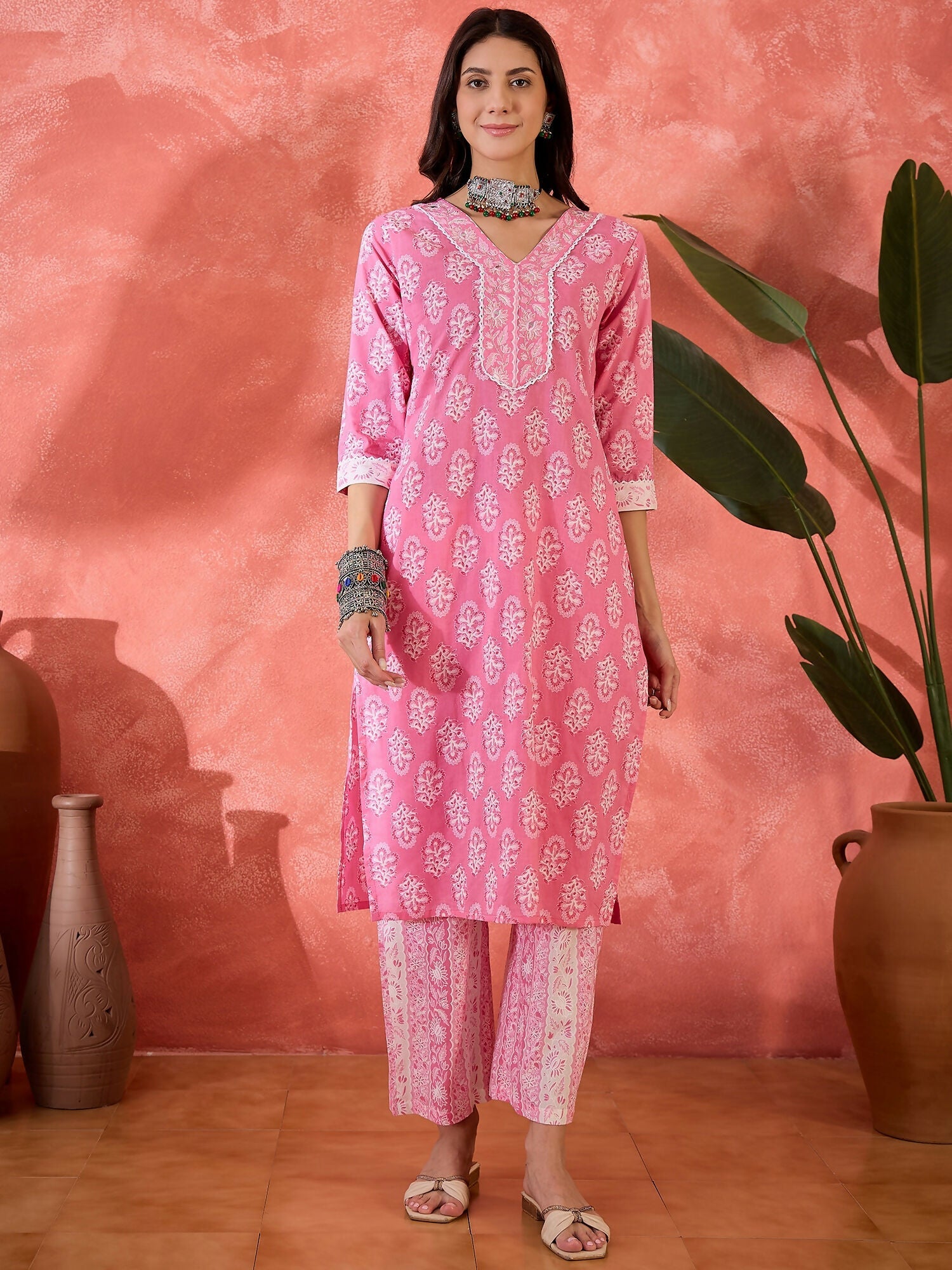 Joban Fashion Printed Pink Pure Cotton Kurta Set | Grocsy
