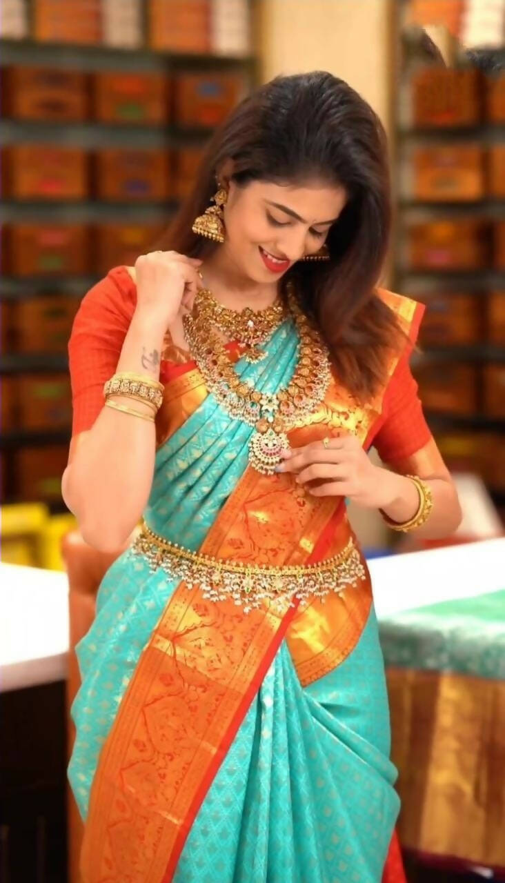 DEIANA'S Beautiful Designer Golden zari Soft Lichi Silk Saree - Sky | Grocsy