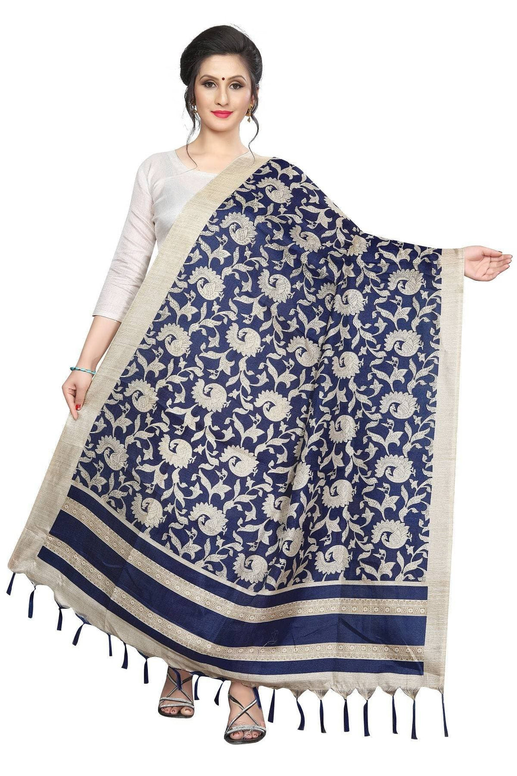 Vamika Latest Navy Blue Printed Khadi Bhagalpuri Dupatta | Grocsy