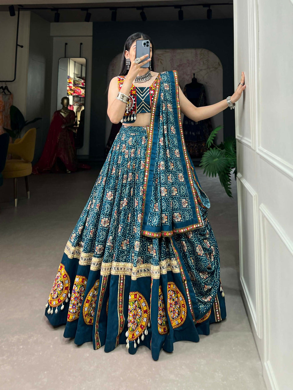 Vastranavya Navaratri Special Pure Rayon Printed With Foil Work And Gamthi Patch Work With Lace Touch Up Lehenga with Stitched Blouse - Teal | Grocsy