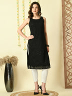 Myshka Women's Black Georgette Sleeveless Straight Party Kurta | Grocsy