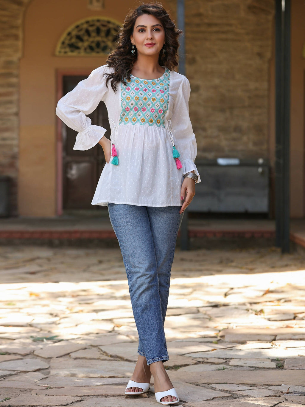 Juniper Women's White Cotton Dobby Solid With Multi Color Embroidered Tunic | Grocsy
