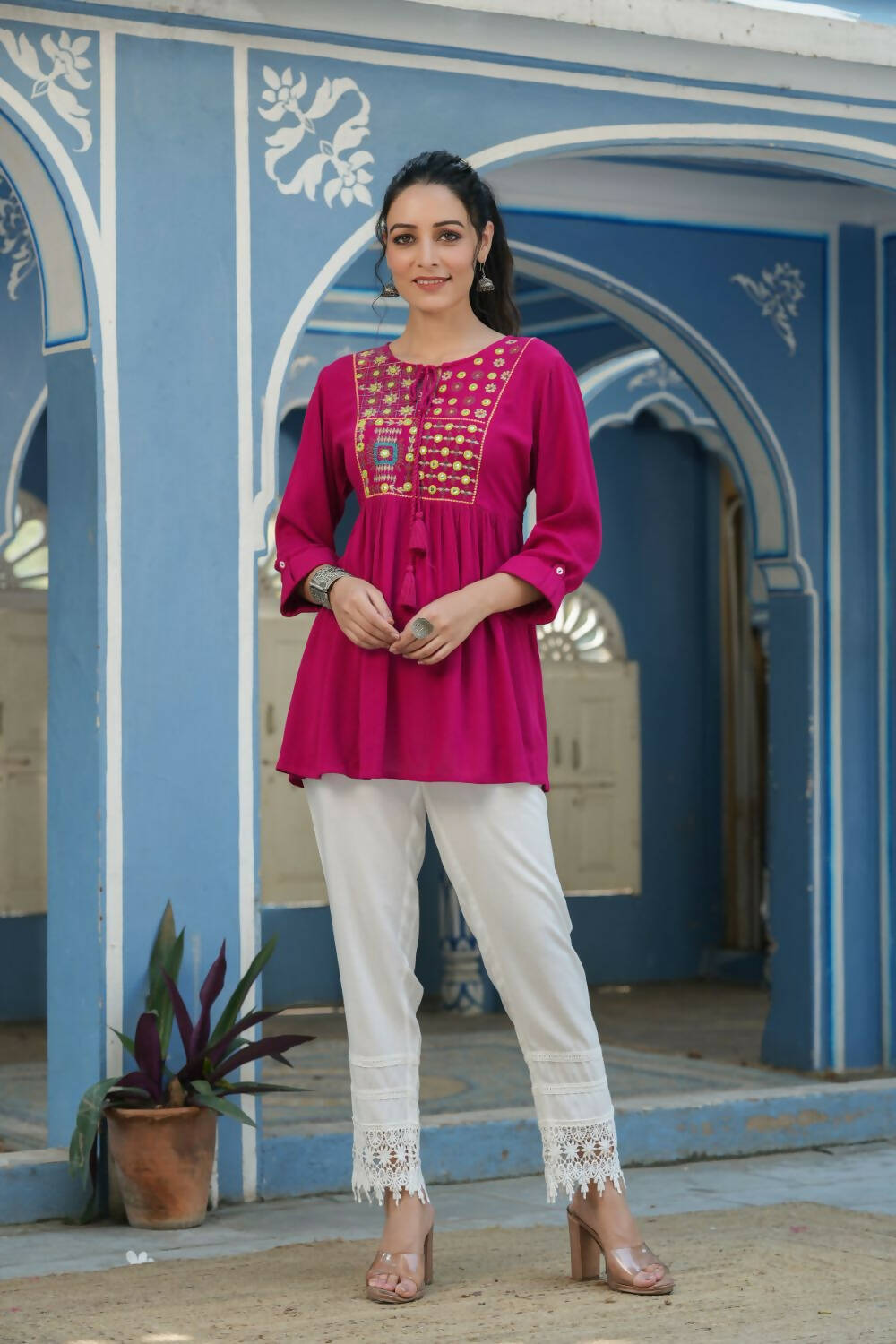 Juniper Women's Fuchsia Rayon Crepe Embroidered Straight Tunic | Grocsy