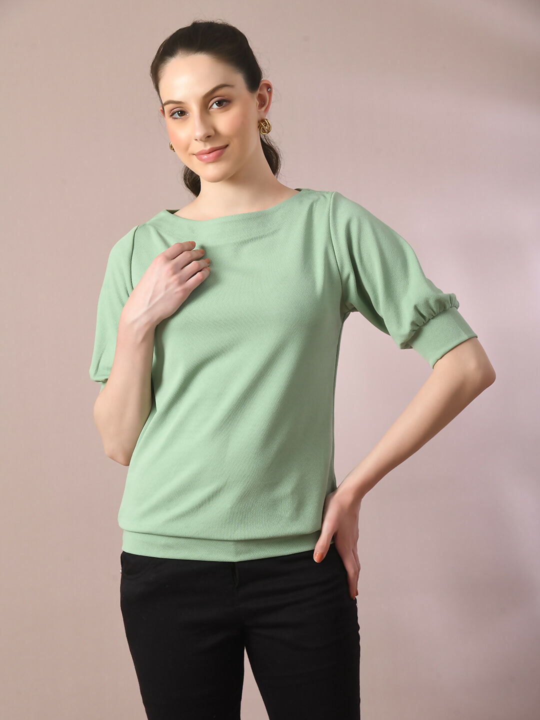 Myshka Women's Sea Green Solid Boat Neck Party Top | Grocsy