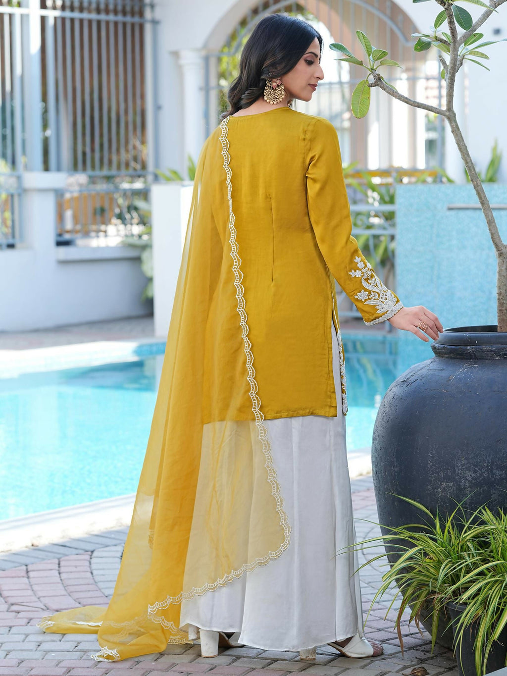 Nikhaar Dark Yellow Embroidered Modal Silk Stitched Straight Cut Kurta Kalidar Palazzo Dupatta Readymade Suit | Grocsy