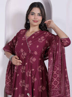 Miravan Womens Maroon Floral Printed Angrakha Pure Cotton Kurta And Dupatta | Grocsy