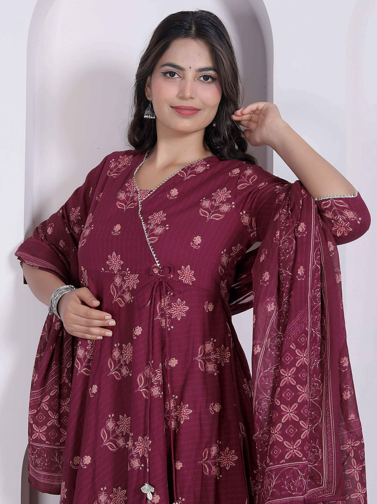 Miravan Womens Maroon Floral Printed Angrakha Pure Cotton Kurta And Dupatta | Grocsy