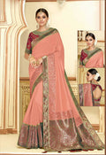 Dusty Peach Satin Silk Zari Embroidery, Laser Cut Borders, Tassels Saree - Norita Alankrita | Grocsy
