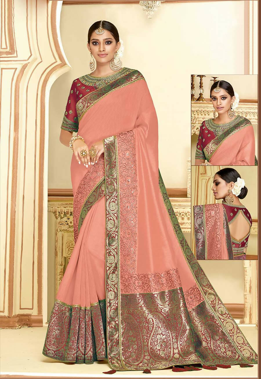Dusty Peach Satin Silk Zari Embroidery, Laser Cut Borders, Tassels Saree - Norita Alankrita | Grocsy