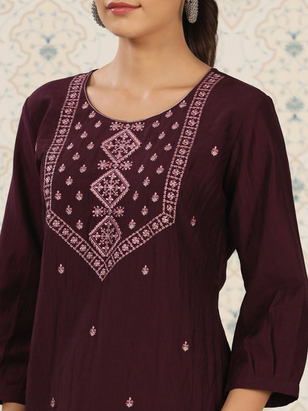 Magenta Chinon Embroidered Straight Top - Zeny | Grocsy