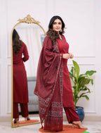 The52 Maroon Women's Gorgeous Parampara Fabric Embroidered Work Straight Kurta Pant and Dupatta Set | Grocsy