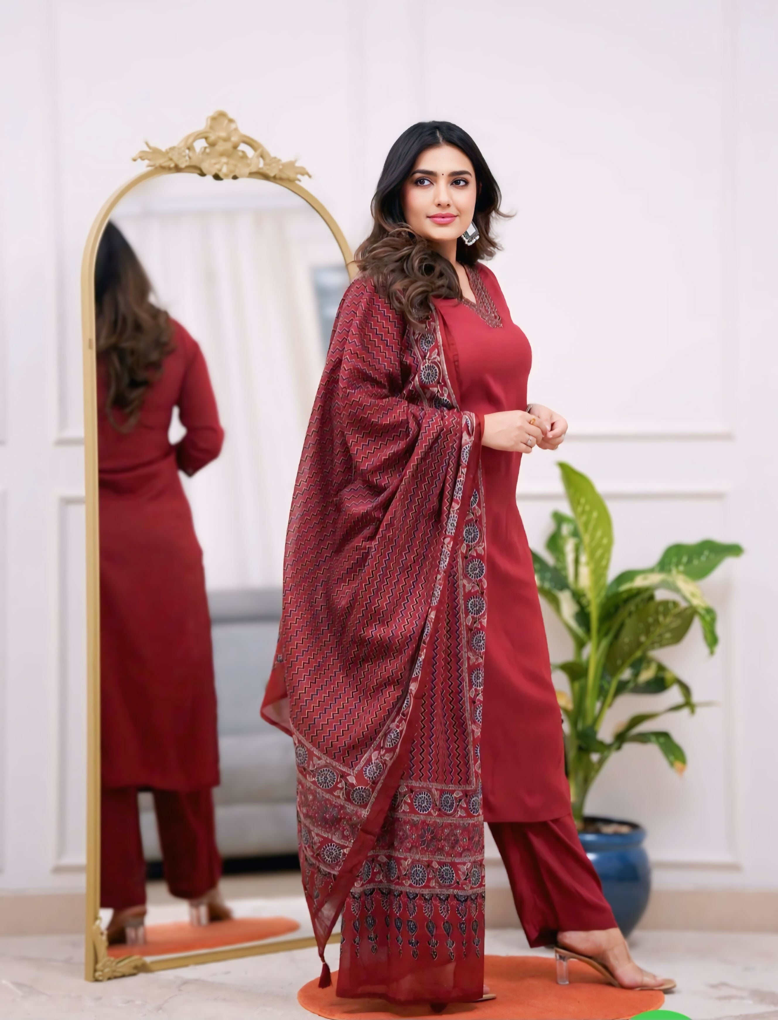 The52 Maroon Women's Gorgeous Parampara Fabric Embroidered Work Straight Kurta Pant and Dupatta Set | Grocsy