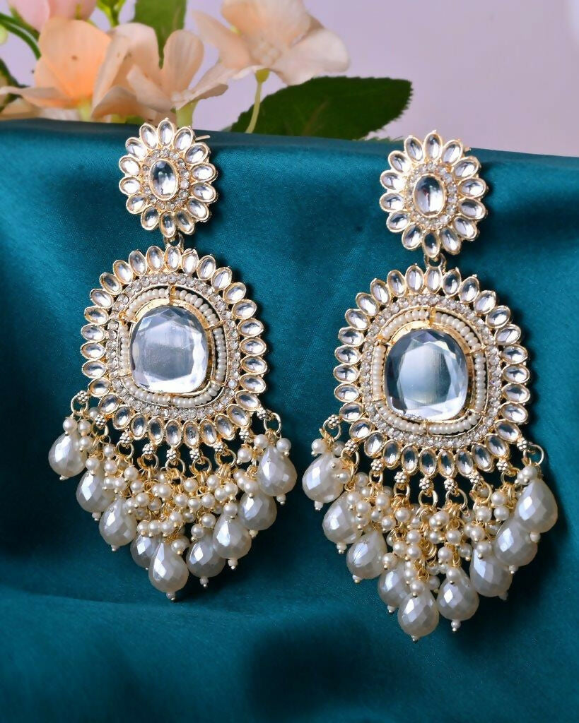VOJ Gold-Polished Kundan And Stone Studded Drop Earrings