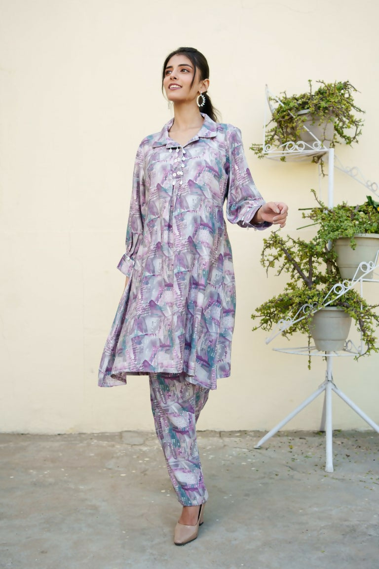 Vaasva Women Lavender Muslin Printed Shirt & Pant Set | Grocsy