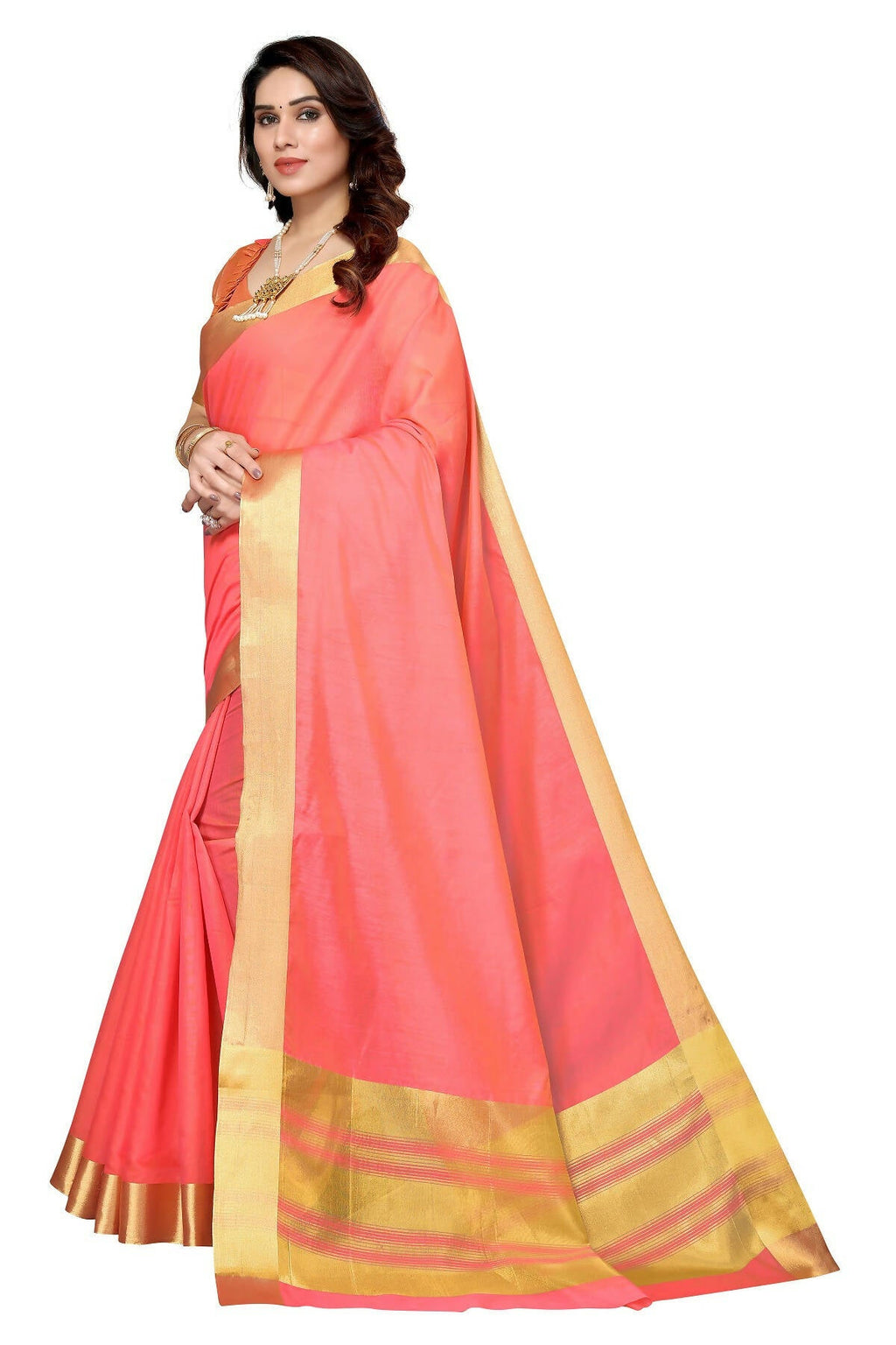 Vamika Peach Cotton Polyester Silk Weaving Saree | Grocsy