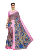 Vamika Linen Digital Pink Print with Satin Border Floral Saree | Grocsy