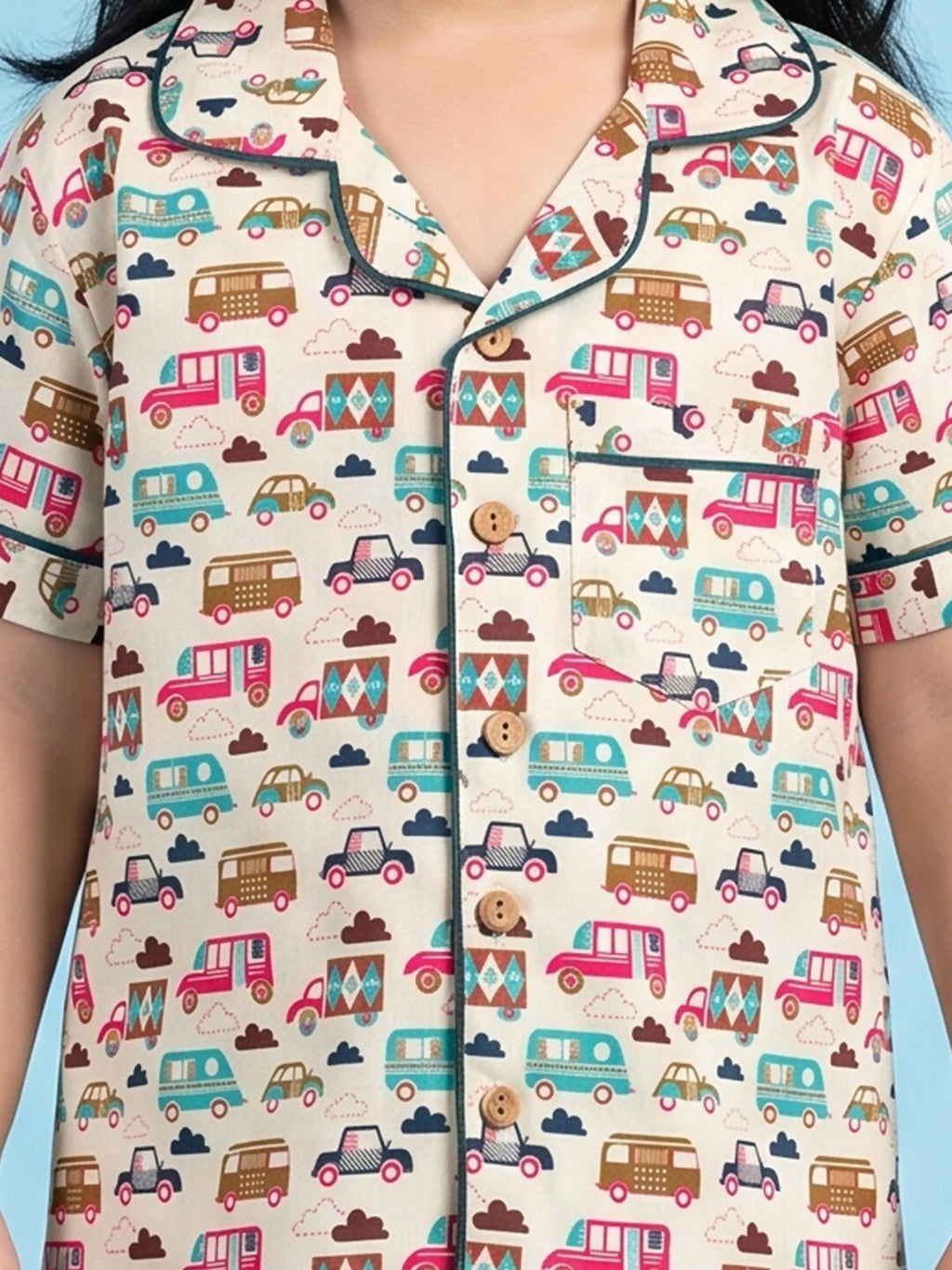 Breathables Woven Cotton Half Sleeves Bus Cars Shirt & Pyjama White | Grocsy