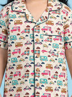 Breathables Woven Cotton Half Sleeves Bus Cars Shirt & Pyjama White | Grocsy