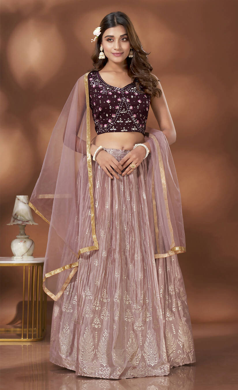 Mauve Chinnon Crush Foil Printed Lehenga Choli with Dupatta - Aakriti | Grocsy