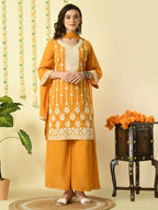 Myshka Women's Mustard Georgette Kurta & Palazzos With Dupatta Party Sets | Grocsy
