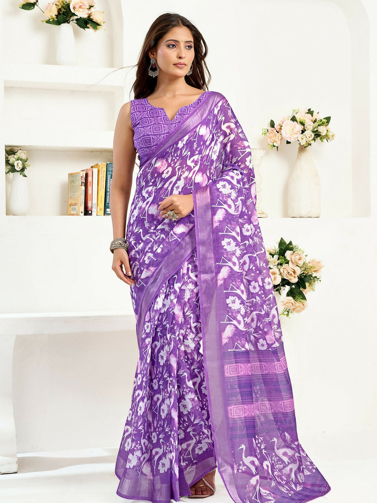 Joban Fashion Purple  Floral And Bird Motifs Linen Ready To Wear Saree With Unstitched Blouse | Grocsy