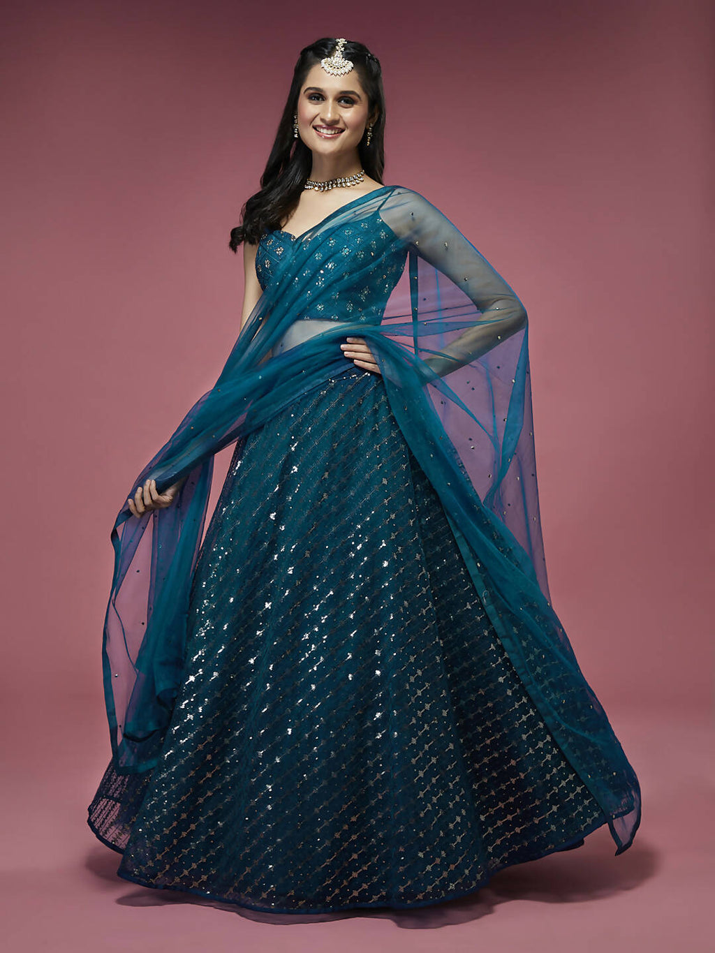 House of Panchhi Teal Net Sequinse Embroidered Lehenga & Blouse with Dupatta | Grocsy