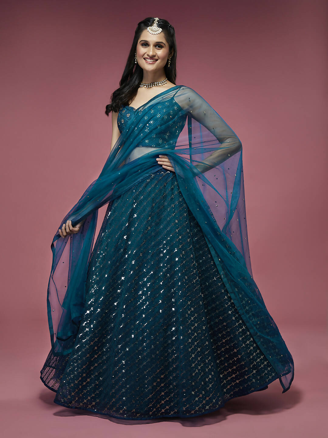 House of Panchhi Teal Net Sequinse Embroidered Lehenga & Blouse with Dupatta | Grocsy