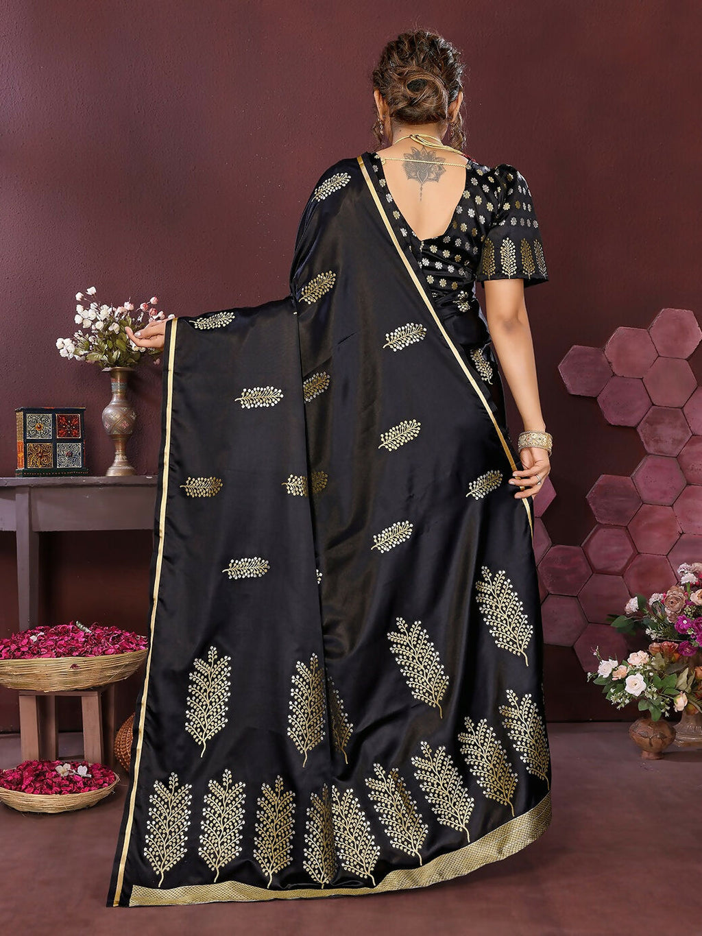 Joban Fashion Black Floral Motifs Banarasi Silk Sarees | Grocsy