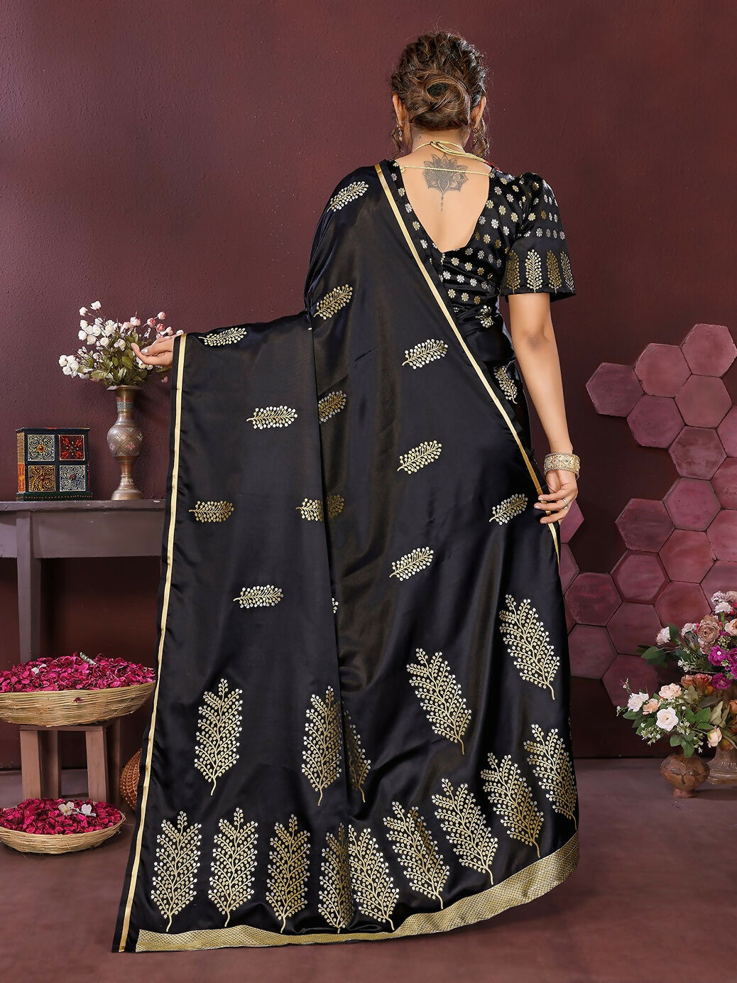 Joban Fashion Black Floral Motifs Banarasi Silk Sarees | Grocsy