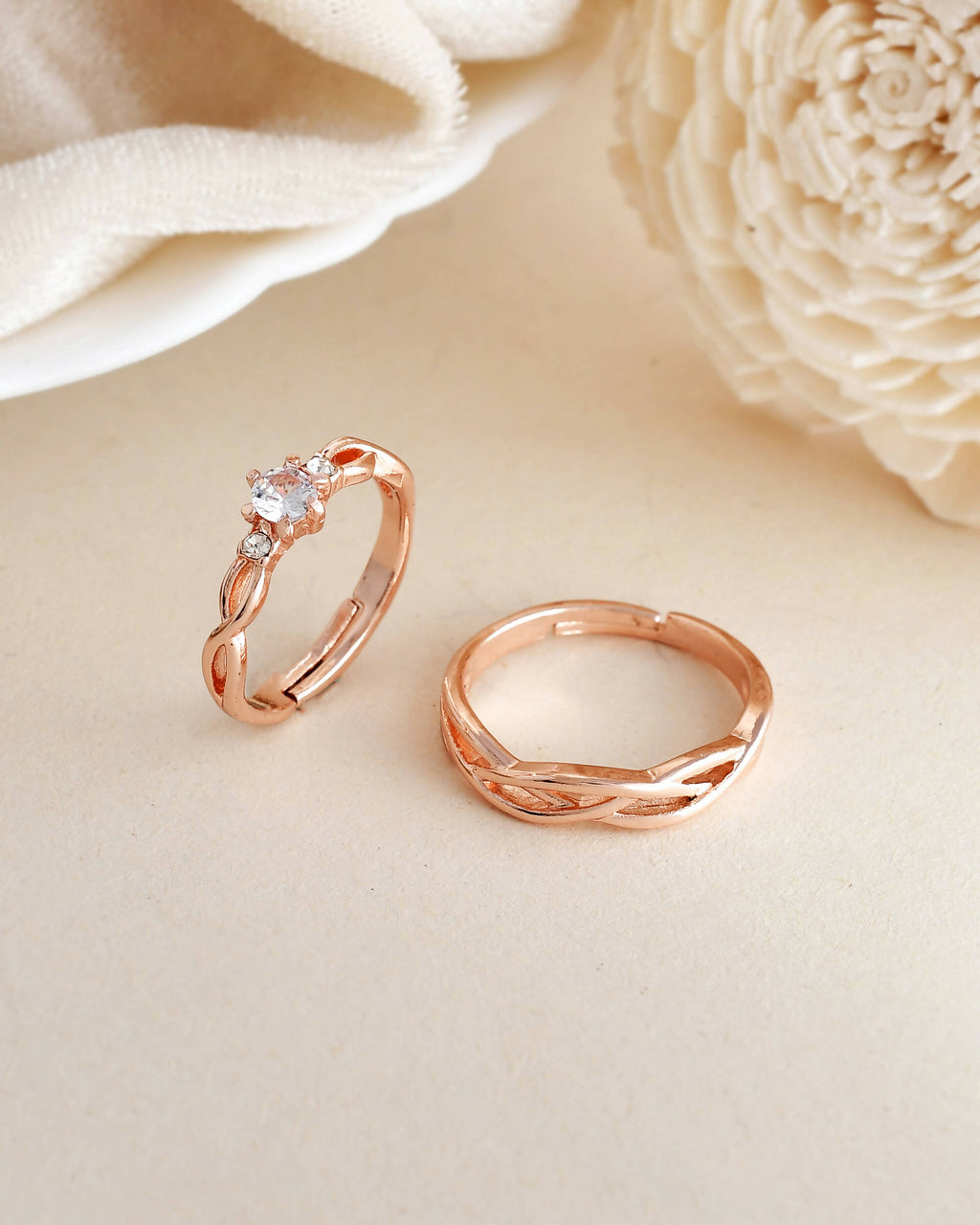 VOJ Stainless Steel Cubic Zirconia Rose Gold-Polished Adjustable Ring Set for Couple | Grocsy