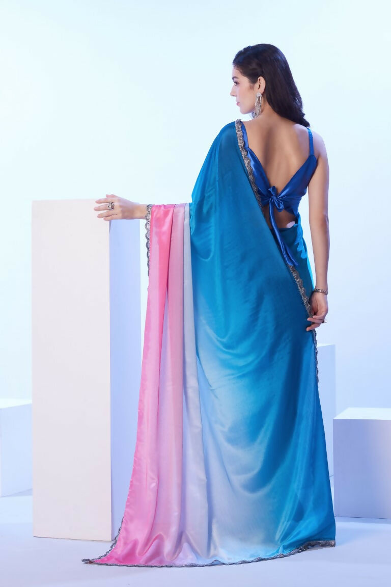 Blue Chinon Solid Designer & Lace Work Saree - Samaa | Grocsy