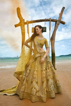House of Panchhi Mustard Bridel Net Sequins, Moti, Mirror And Thread Embroidery Lehenga Choli & Dupatta | Grocsy