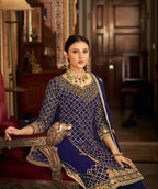 Blue Heavy Chinon Semi Stitched Kurta with Bottom & Dupatta - Dhvani | Grocsy