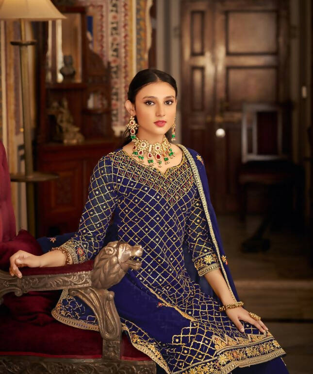 Blue Heavy Chinon Semi Stitched Kurta with Bottom & Dupatta - Dhvani | Grocsy