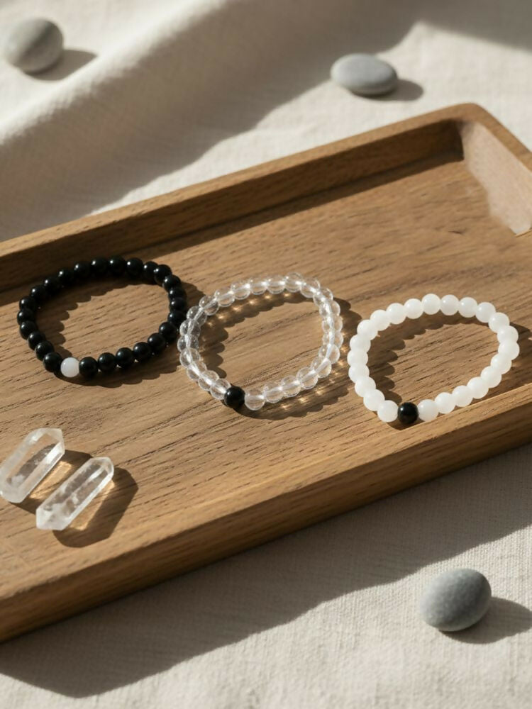 NVR Set of 3 Black & White crystal beaded Bracelet for Men & Women | Grocsy