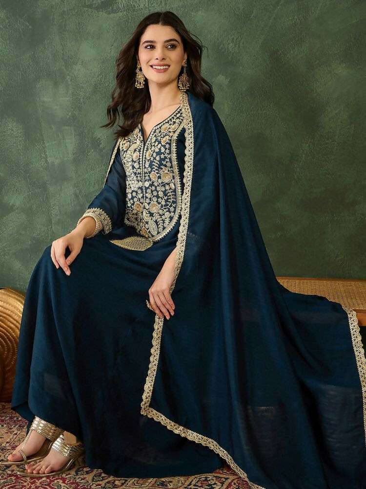 The52 Women's Beautiful Embroidery Work Vichitra Silk Fabric Flared Kurta Pant and Dupatta Set | Grocsy