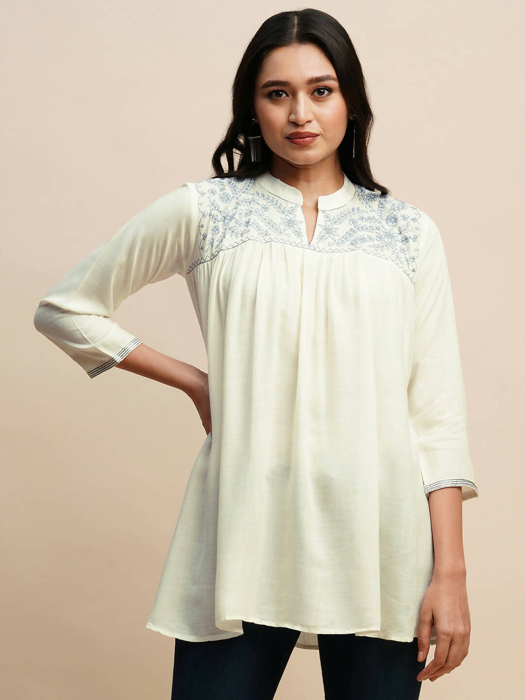 White Rayon Embroidered Top - Tarini | Grocsy