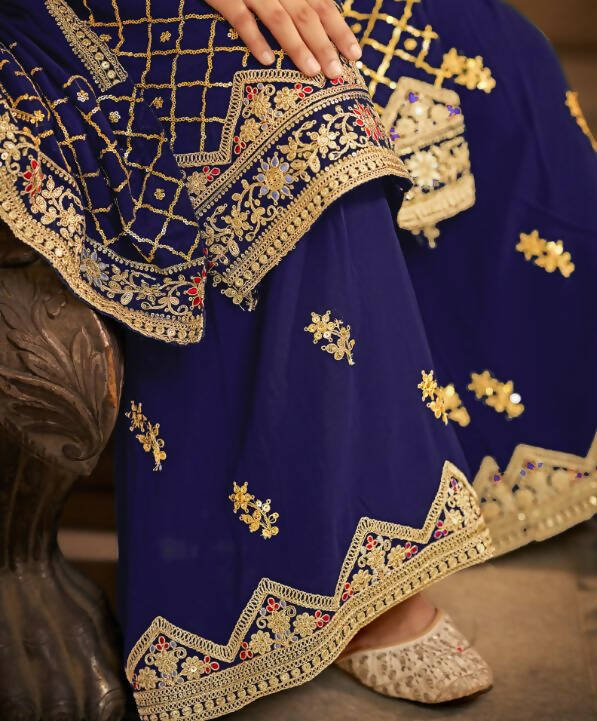 Blue Heavy Chinon Semi Stitched Kurta with Bottom & Dupatta - Dhvani | Grocsy
