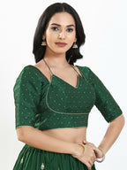 Joban Fashion Bottle Green Brocade Padded Blouse With Sweetheart Neck Elbow Sleeves | Grocsy