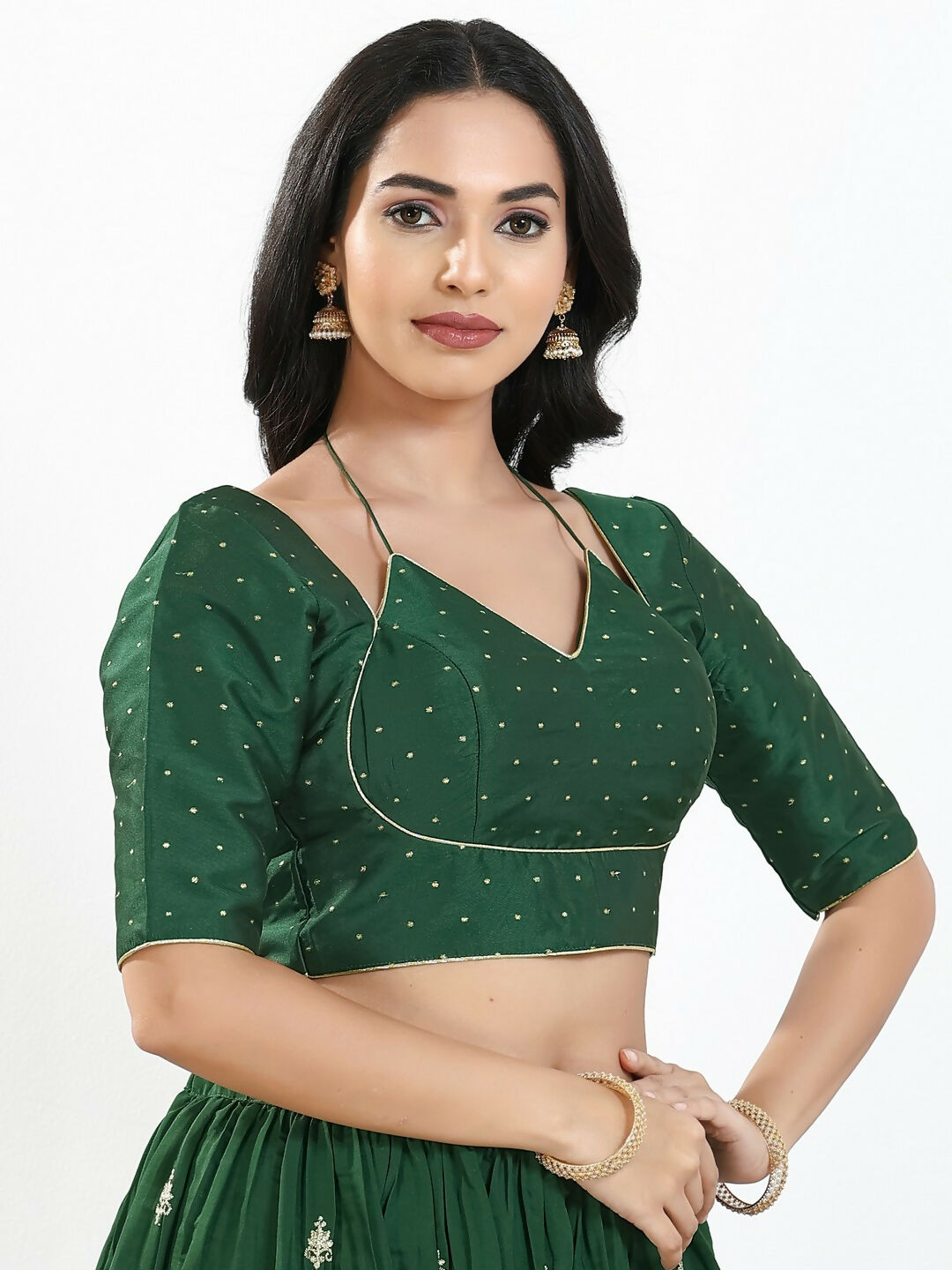 Joban Fashion Bottle Green Brocade Padded Blouse With Sweetheart Neck Elbow Sleeves | Grocsy