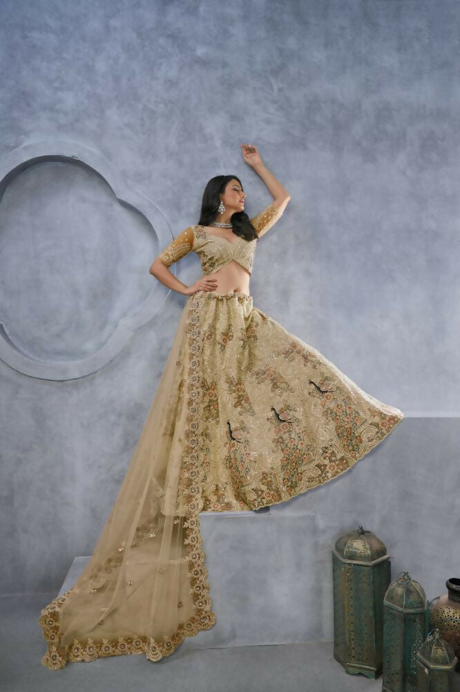 Kesar Fab Golden Net Embroidered Lehenga | Grocsy