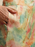 Light Green & Orange Poly Rayon Tie and dye Printed Top with Matching Trouser - Shivani | Grocsy